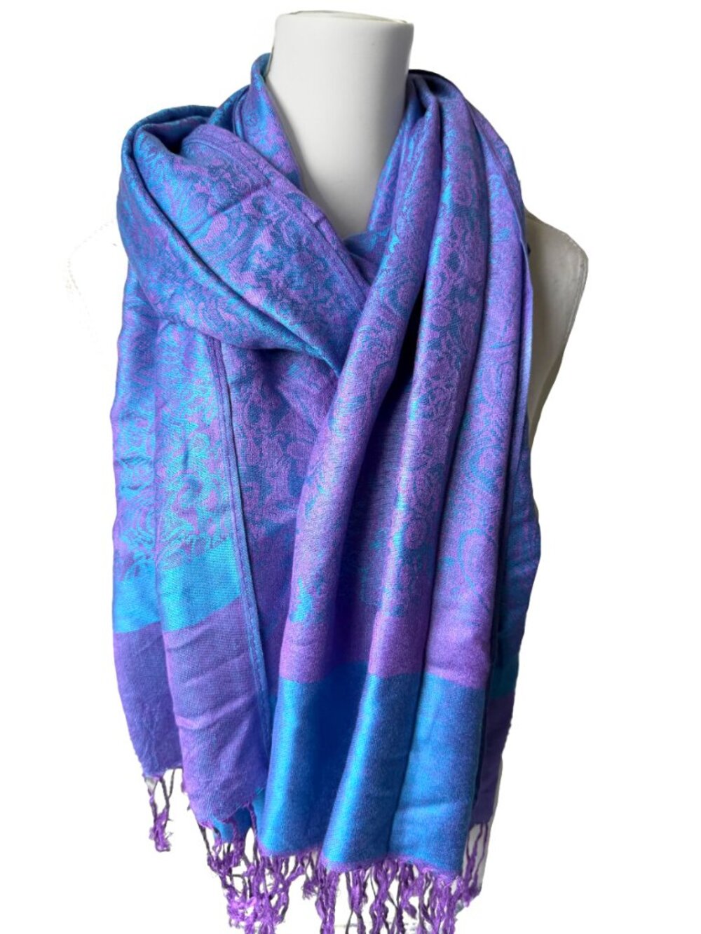 Boho Paisley Pashmina Shawl Scarf – Vibrant Purple & Turquoise Blue – Oversized